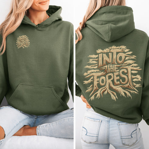 Featuring the phrase "Into the Forest" uniquely crafted in tree branch lettering, this design brings the beauty and mystery of the woods to life.